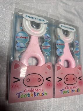 U-Shaped Soft Rubber Silicone Head Manual Children’s Pink Toothbrush 2-Pack